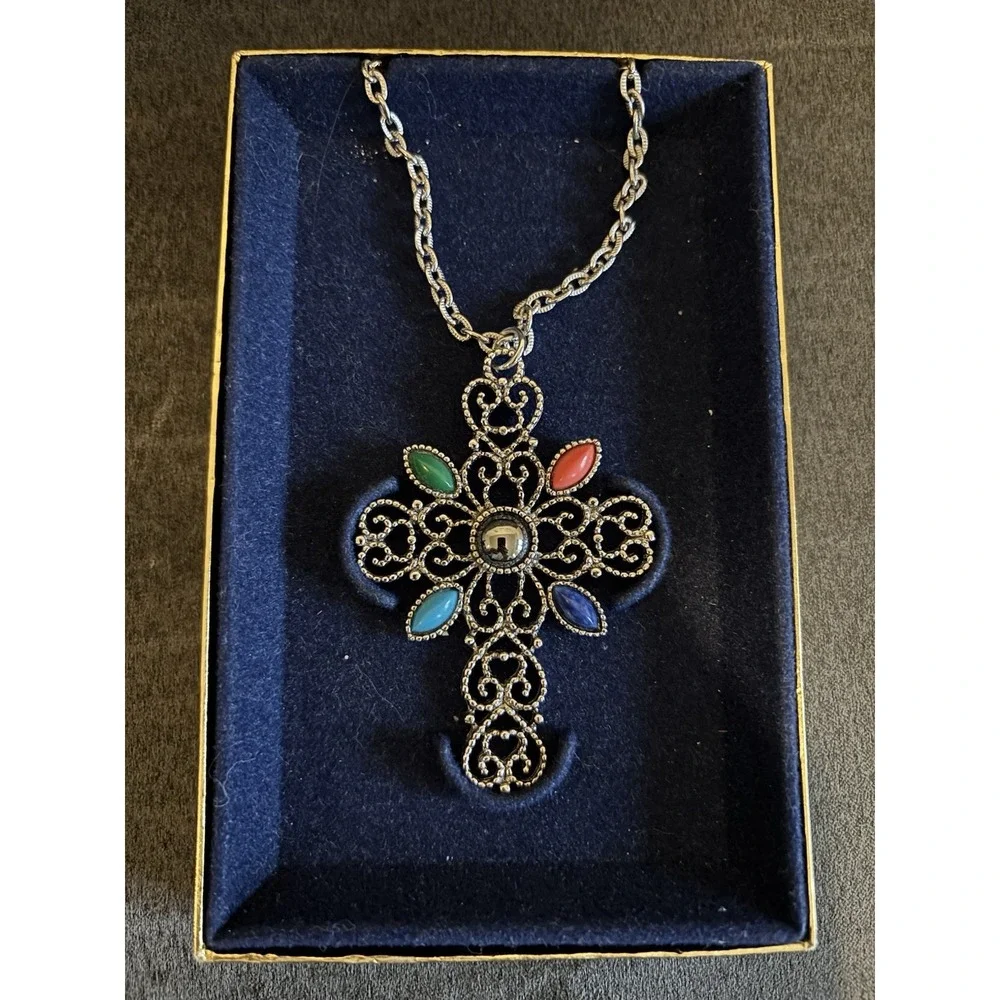 Avon Silver Tone Cross Pendant Necklace w/ Multicolor Accents - New In Box